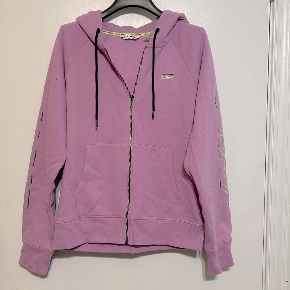 DKNY sport hoodie. It’s XS but pretty roomy and unique purplish color.